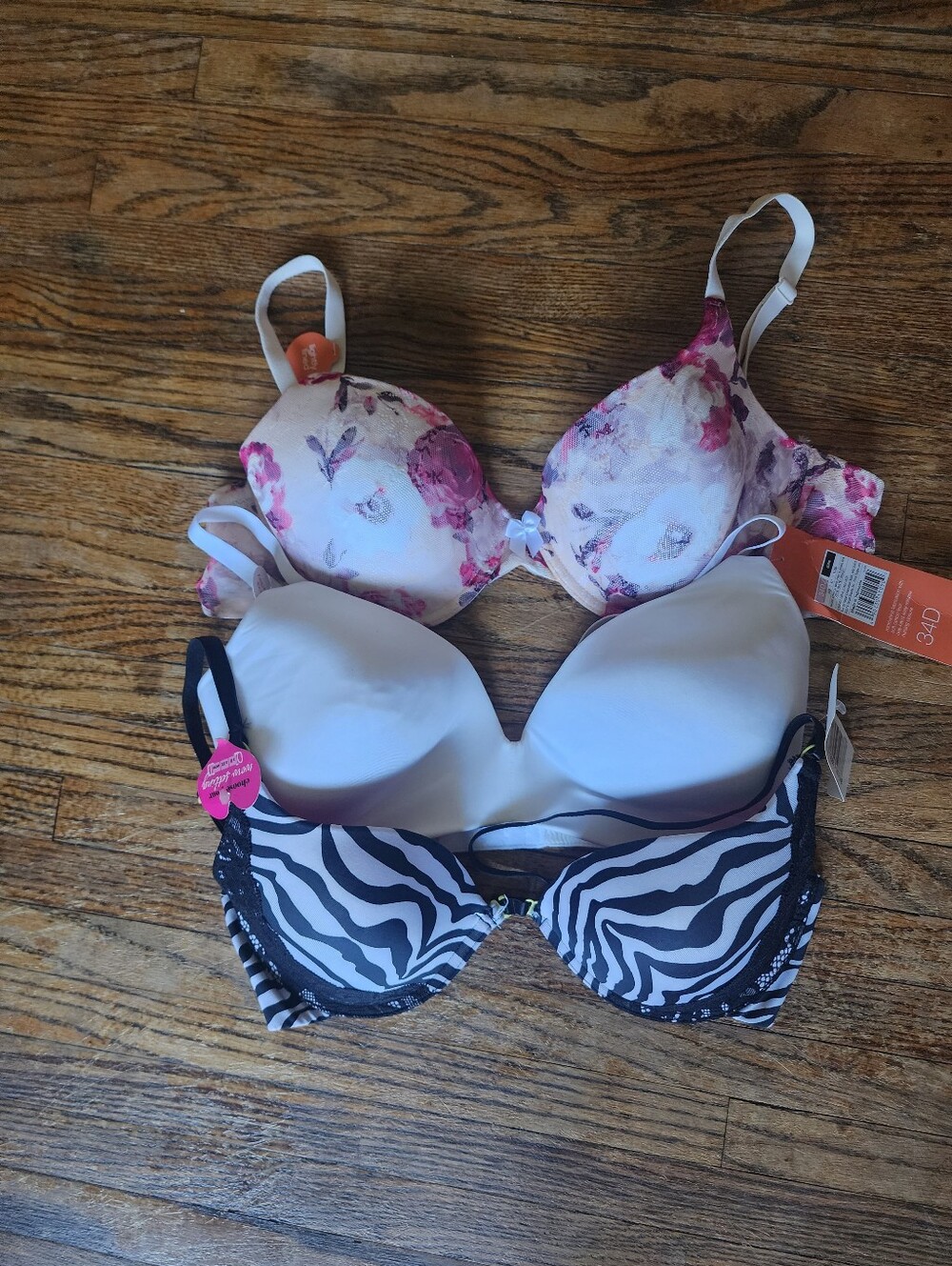 Brand New 34D Bra Bundle (Lot of 3) - Wireless Nursing, Floral & Zebra Styles D